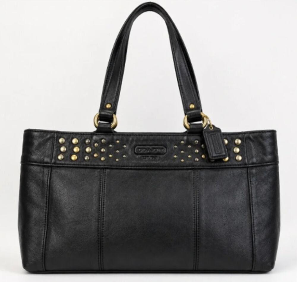 Coach Vintage Y2K Black Leather East West Gold Studded Shoulder Tote Bag Purse